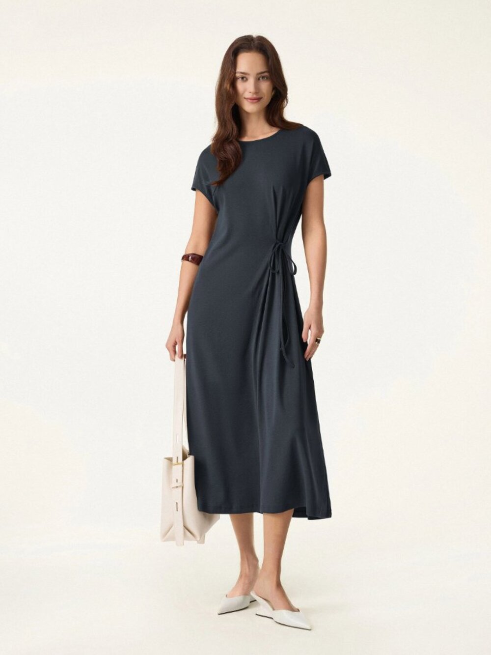 OGL Cotton Lyocell Easy Airy Midi Dress with Self-Tie Gray Blue Women's Size XL